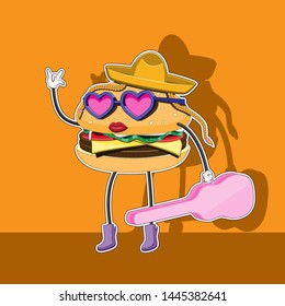 Cartoon Character Hamburger Girl With A Guitar Case In A Hat With Braids And Glasses. Sticker. Vector Image. Eps