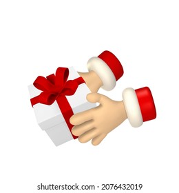 Cartoon character hand with gift box. 3d render santa hands. Vector illustration.