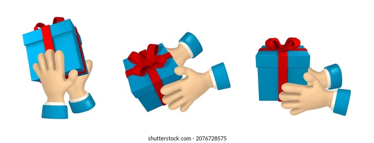 Caricatura mano con caja de regalo. 3 d entregar la mano de un hombre de negocios con traje. Ilustración vectorial.