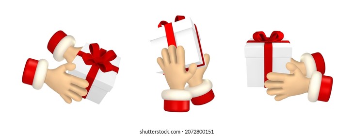 Cartoon character hand with gift boxex. 3d render santa hands. Vector illustration.