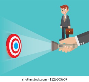 Cartoon character, hand holding a flashlight uncovering hidden target.,vector eps10