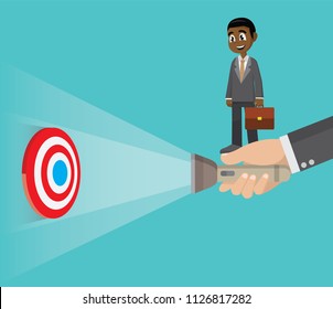 Cartoon character, hand holding a flashlight uncovering hidden target.,vector eps10