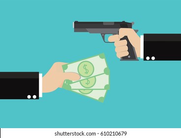 Cartoon Character, Hand Holding A Gun For Money Robbery., Vector Eps10