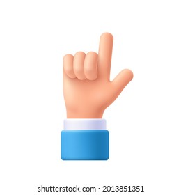 Cartoon character hand pointing gesture. Show one finger, index finger. Indicating, showing something above. 3d emoji vector illustration.  