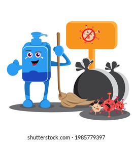 Cartoon character hand sanitizer vector graphic illustration cleaning around from viruses and bacteria, Good for placing in health care and medical content.