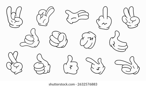 Cartoon character hands, gloved hands, classic retro cartoon character gestures, talismans. Groovy gloves, funny and cute, hand gestures - fist, like, palm, raised finger, ok and others. Vector set
