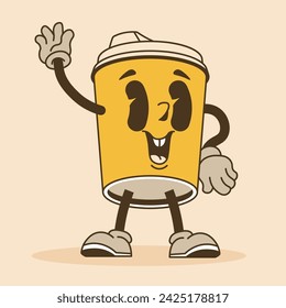 Cartoon character with hands and legs. Sticker with smiling trippy facial expression and positive mood. Personage in form of cardboard cup with lid. Emoticon or emoji for social media. Vector in flat