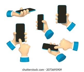 Cartoon character hands with smart phone, scrolling or searching for something. 3d render hand businessman in suit. Vector illustration.