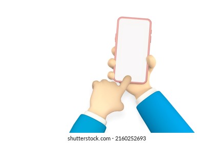 Cartoon character hands with smart phone, scrolling or searching for something. 3d render hand businessman in suit. Vector illustration.