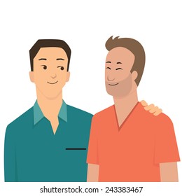 Cartoon character of handsome gay couple standing by each other, looking and smiling. Romantic love in Valentine's day concept. 