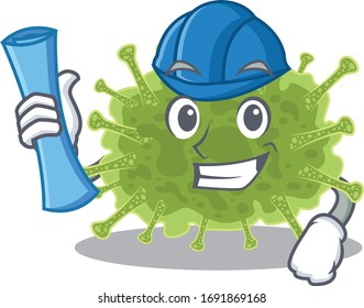Cartoon character of haploviricotina brainy Architect with blue prints and blue helmet