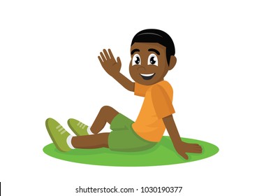 Cartoon character, Happiness African boy sitting on the grass., vector eps10