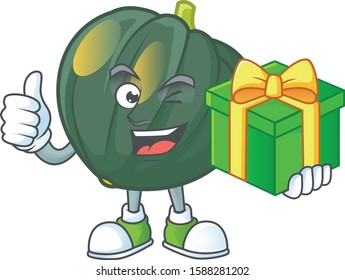 cartoon character of happy acorn squash with gift box