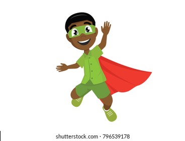 Cartoon character, Happy African Boy in super hero costume jumping., vector eps10