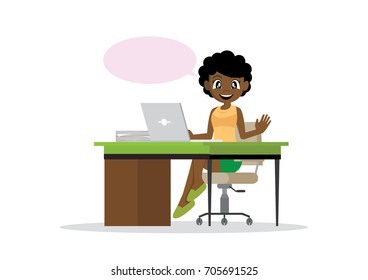 Cartoon character, Happy African business woman with laptop and Speech bubble., vector eps10