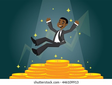 Cartoon character, Happy African businessman fell on a pile of gold., vector eps10