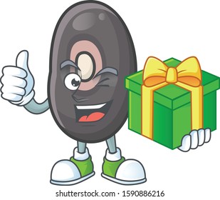 cartoon character of happy black beans with gift box