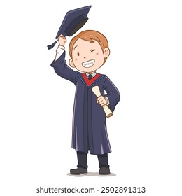Cartoon character of happy boy in graduation gown.