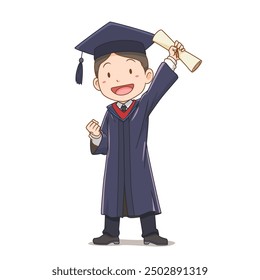 Cartoon character of happy boy in graduation gown.
