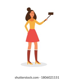 Cartoon character of happy brunette woman taking selfie using her smartphone, flat vector illustration isolated on white background. Advanced modern technology.