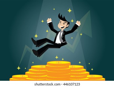 Cartoon character, Happy businessman fell on a pile of gold., vector eps10