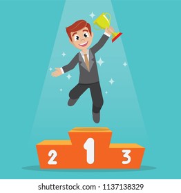 Cartoon character, Happy businessman holding trophy on podium., vector eps10