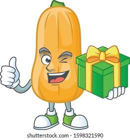 cartoon character of happy butternut squash with gift box