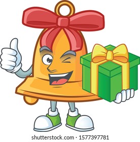 cartoon character of happy christmas bell with gift box