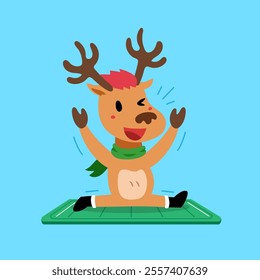 Cartoon character happy christmas reindeer exercising on yoga mat for design.