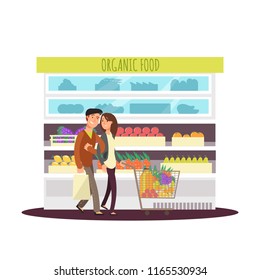 Cartoon character happy couple buy organic fruits and greens. Vegetarian people and food store. Market fruit, store grocery, vector illustration