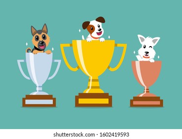 Cartoon character happy dogs with champion trophy set for design.