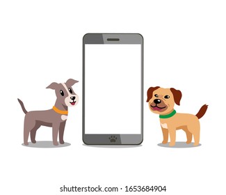 Cartoon character happy dogs with smartphone for design.