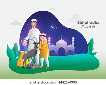 Cartoon character of happy family in front of mosque with goat on Eid-Al-Adha Mubarak celebration. Creative poster or banner design.