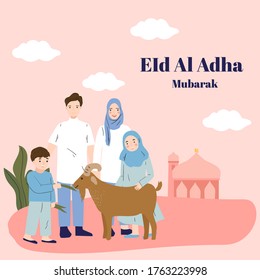 Cartoon character of happy family in front of mosque with goat on Eid-Al-Adha Mubarak celebration. Creative poster or banner design.