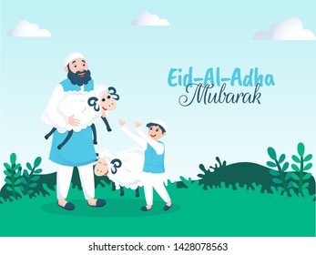Cartoon character of happy father giving sheep to his son on outdoor sky view background for Eid-Al-Adha Mubarak poster or flyer design.