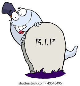 Cartoon character happy ghost behind the tombstone