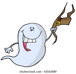 Cartoon character happy ghost flyingin the night
