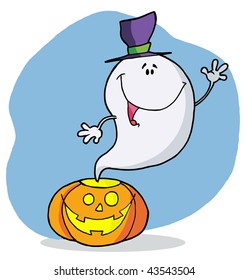 Cartoon character happy ghost pumpkin leaves