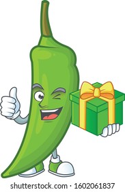 cartoon character of happy green chili with gift box
