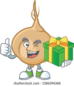 cartoon character of happy jicama with gift box
