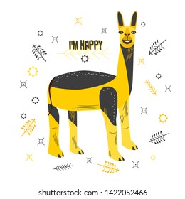 
Cartoon character of a happy lama. Funny animal of yellow-black color with a satisfied facial expression. Inscription - I am happy. Design prints for t-shirts, postcards, stationery.