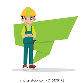 Cartoon character, Happy man construction in banner background., vector eps10