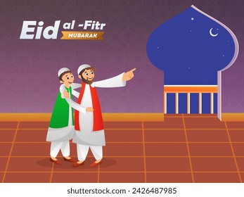Cartoon Character of Happy Men's Hugging Each other and Seeing crescent moon in Occasion of Eid-Al-Fitr Festival Celebration. Islamic Festival Greeting Card or Poster Design.