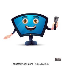 Cartoon character happy monitor. Home electronic equipment.