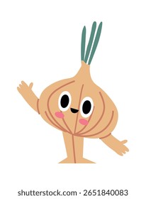 Cartoon character of a happy onion waving with hands, cute vegetable with smiling face, healthy food for kids, funny personage for children book or sticker