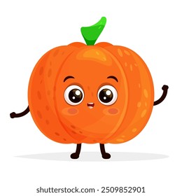 Cartoon character happy orange pumpkin standing and waving hand, excited smiling expression, saying hello, flat vector illustration isolated on white background.