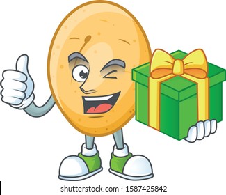 cartoon character of happy potato with gift box