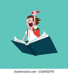 Cartoon character happy pupil or student, excited face on huge book flying in sky, back to school fantasy concept.