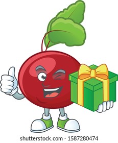 cartoon character of happy red beet greens with gift box
