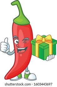 cartoon character of happy red chili with gift box